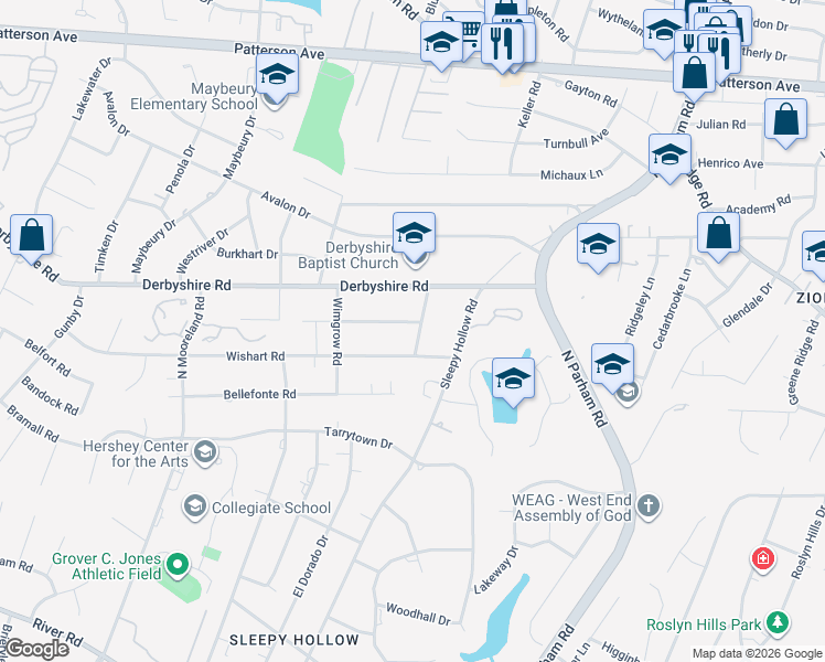 map of restaurants, bars, coffee shops, grocery stores, and more near 505 Wadeward Road in Richmond