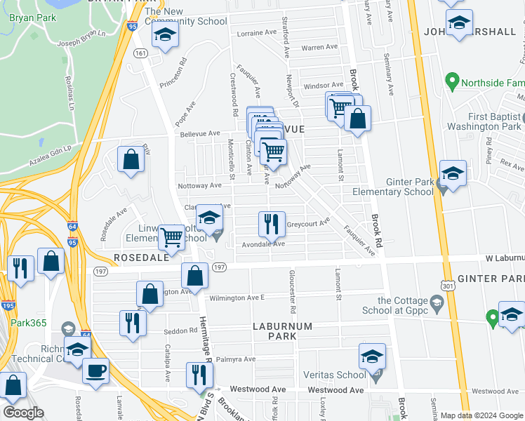 map of restaurants, bars, coffee shops, grocery stores, and more near 1503 Claremont Avenue in Richmond