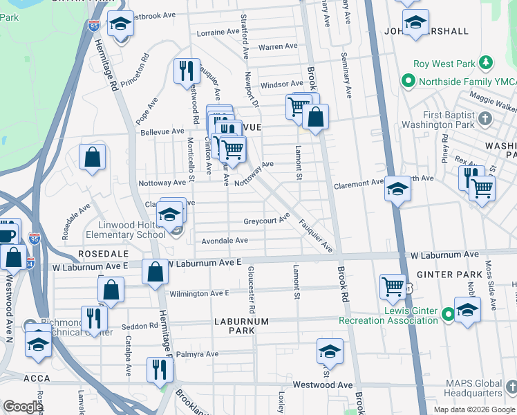 map of restaurants, bars, coffee shops, grocery stores, and more near 3911 Newport Drive in Richmond