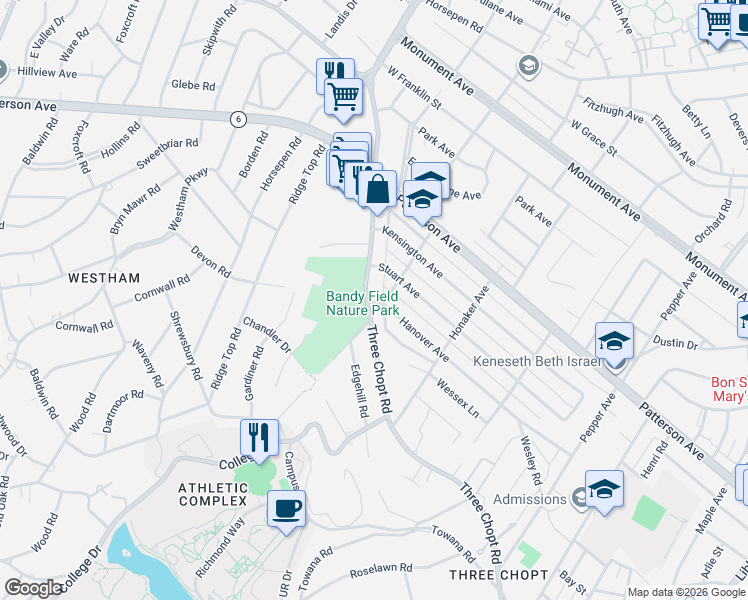 map of restaurants, bars, coffee shops, grocery stores, and more near 6701 Three Chopt Road in Richmond