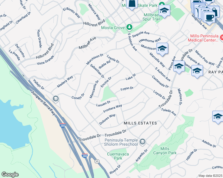 map of restaurants, bars, coffee shops, grocery stores, and more near 300 Sebastian Drive in Millbrae