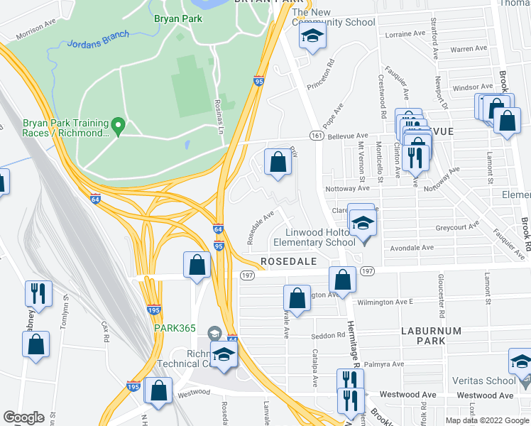 map of restaurants, bars, coffee shops, grocery stores, and more near 3922 Rosedale Avenue in Richmond