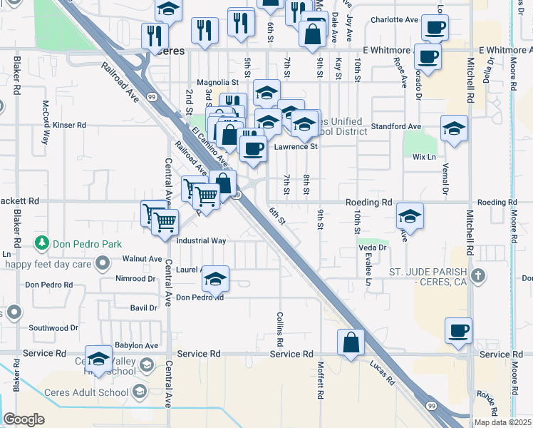 map of restaurants, bars, coffee shops, grocery stores, and more near 3430 El Camino Avenue in Ceres