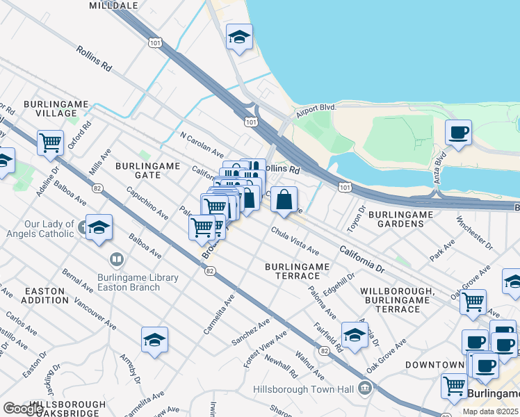map of restaurants, bars, coffee shops, grocery stores, and more near 1145 California Drive in Burlingame