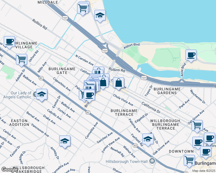 map of restaurants, bars, coffee shops, grocery stores, and more near 1145 California Drive in Burlingame