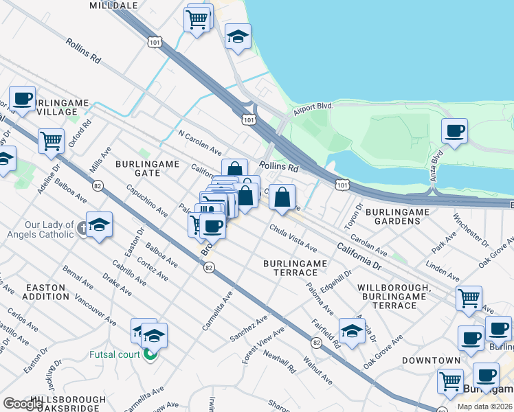 map of restaurants, bars, coffee shops, grocery stores, and more near 1145 California Drive in Burlingame
