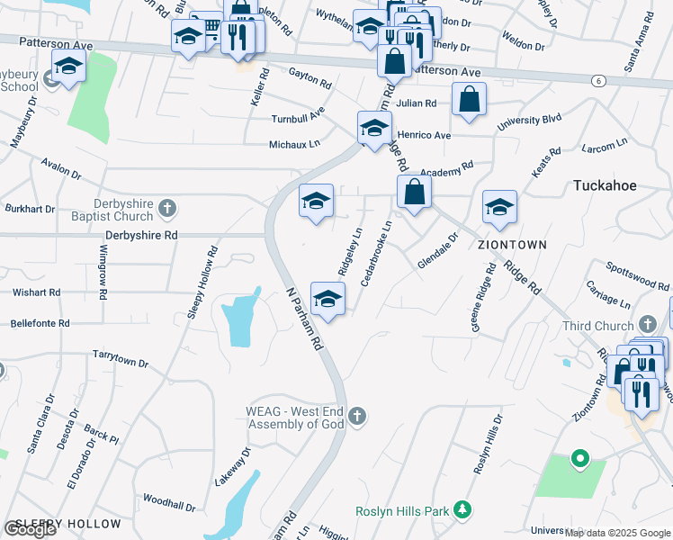 map of restaurants, bars, coffee shops, grocery stores, and more near 510 Ridgeley Lane in Richmond