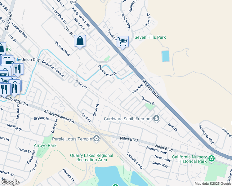 map of restaurants, bars, coffee shops, grocery stores, and more near 457 Calistoga Circle in Fremont
