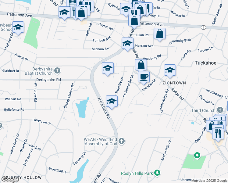 map of restaurants, bars, coffee shops, grocery stores, and more near 510 Ridgeley Lane in Richmond