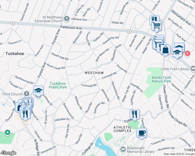 map of restaurants, bars, coffee shops, grocery stores, and more near 509 Waveny Road in Richmond
