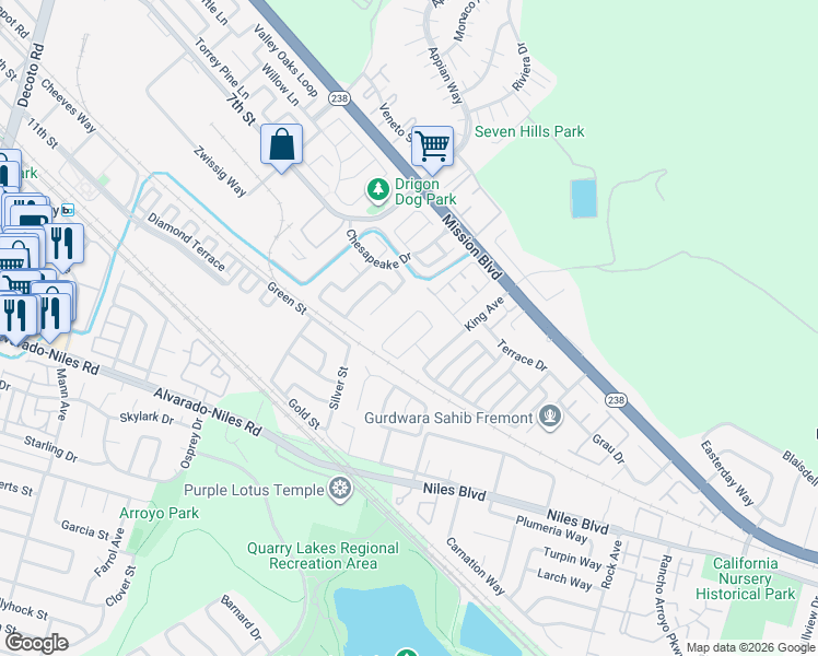 map of restaurants, bars, coffee shops, grocery stores, and more near 457 Calistoga Circle in Fremont
