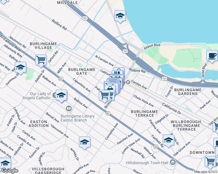 map of restaurants, bars, coffee shops, grocery stores, and more near 1228 Laguna Avenue in Burlingame
