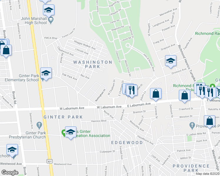 map of restaurants, bars, coffee shops, grocery stores, and more near 3922 West Chatham Drive in Richmond