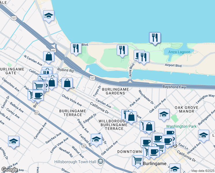 map of restaurants, bars, coffee shops, grocery stores, and more near 941 Rollins Road in Burlingame