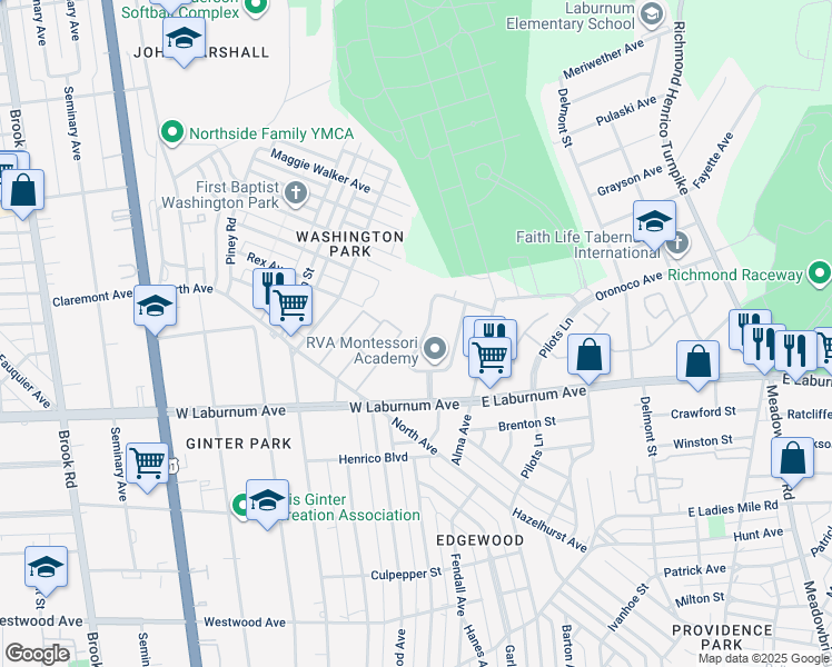 map of restaurants, bars, coffee shops, grocery stores, and more near 3922 West Chatham Drive in Richmond