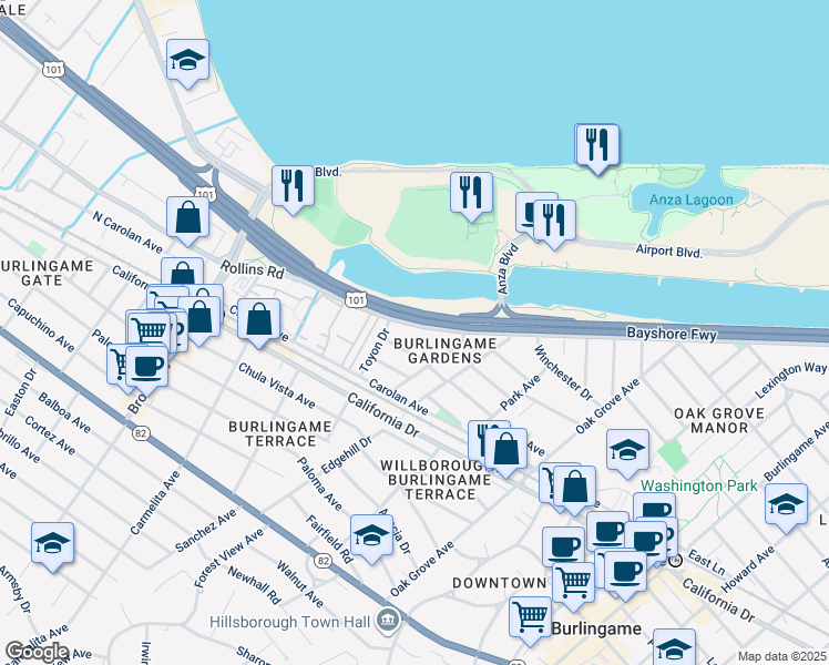 map of restaurants, bars, coffee shops, grocery stores, and more near 941 Rollins Road in Burlingame