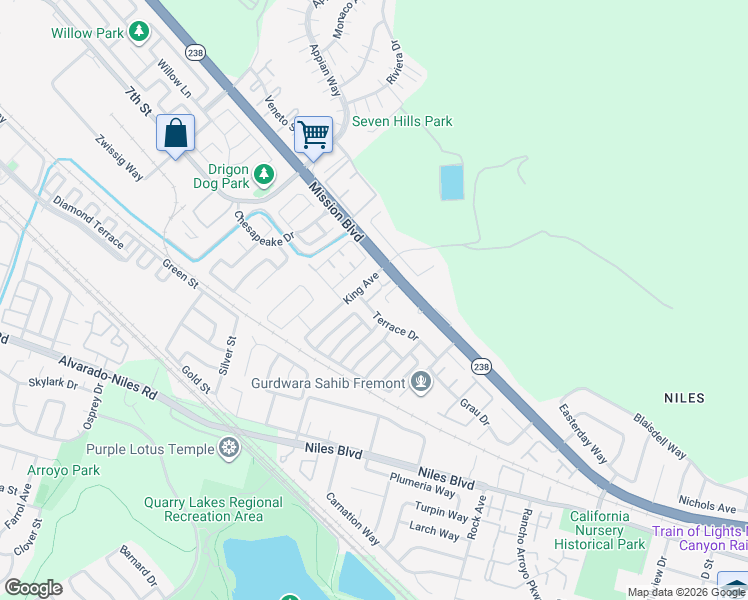map of restaurants, bars, coffee shops, grocery stores, and more near 215 Marquis Terrace in Fremont