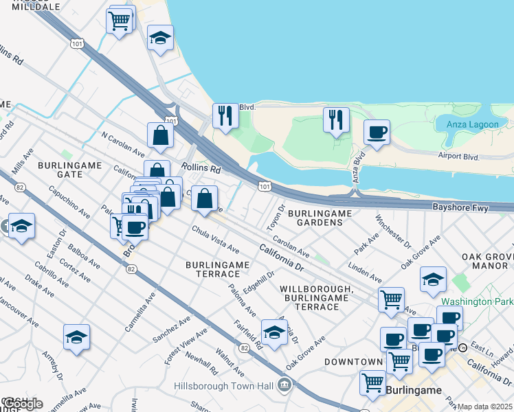map of restaurants, bars, coffee shops, grocery stores, and more near 1025 Rollins Road in Burlingame