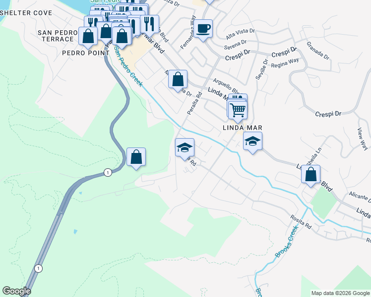 map of restaurants, bars, coffee shops, grocery stores, and more near 815 Rosita Road in Pacifica