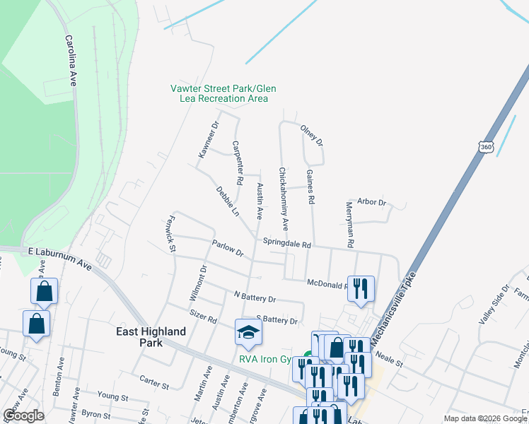 map of restaurants, bars, coffee shops, grocery stores, and more near 4309 Austin Avenue in Richmond