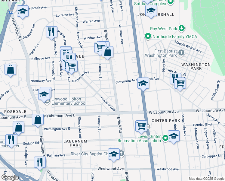 map of restaurants, bars, coffee shops, grocery stores, and more near 1205 Greycourt Avenue in Richmond