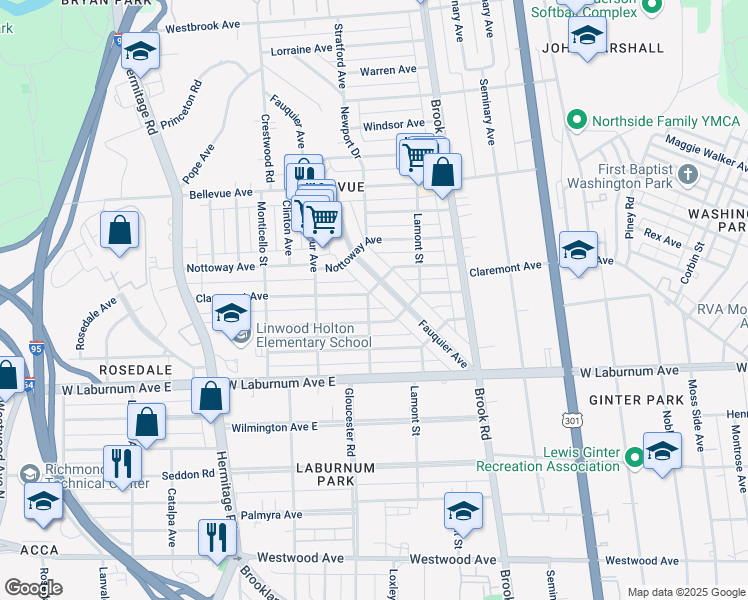 map of restaurants, bars, coffee shops, grocery stores, and more near 3911 Newport Drive in Richmond