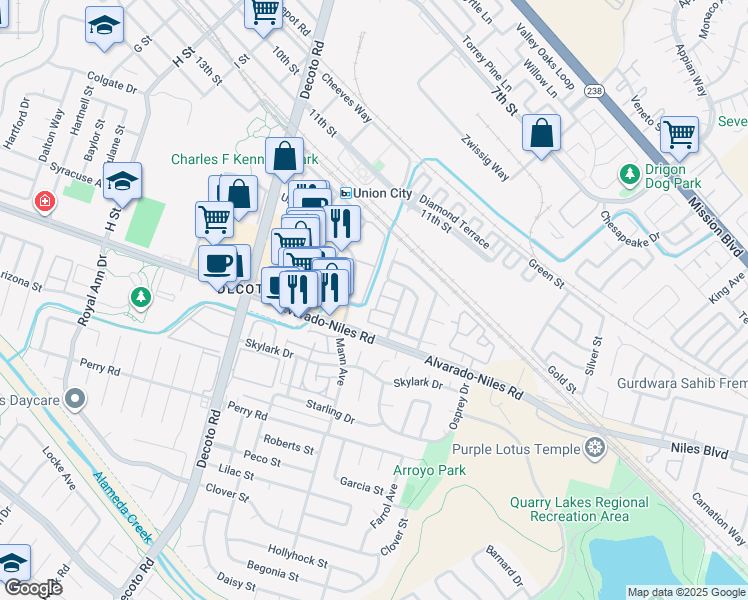 map of restaurants, bars, coffee shops, grocery stores, and more near 1889 Firebrick Terrace in Union City