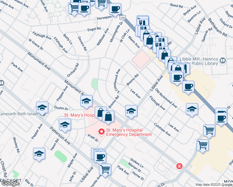 map of restaurants, bars, coffee shops, grocery stores, and more near 5901 South Crestwood Avenue in Richmond