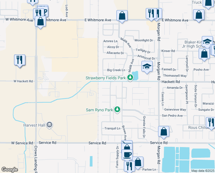 map of restaurants, bars, coffee shops, grocery stores, and more near 3350 Buenaventura Drive in Ceres