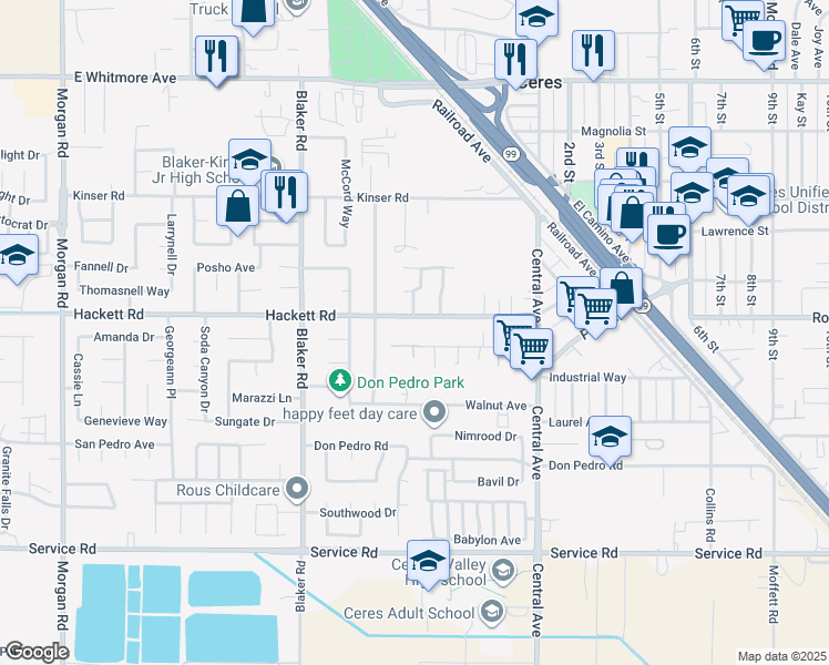 map of restaurants, bars, coffee shops, grocery stores, and more near 1844 Hackett Road in Ceres