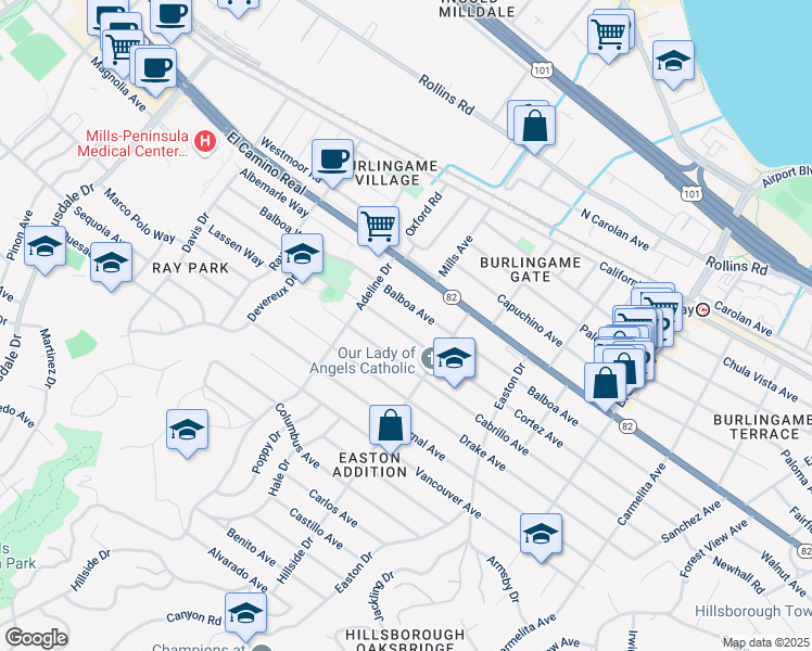 map of restaurants, bars, coffee shops, grocery stores, and more near 1436 Cortez Avenue in Burlingame