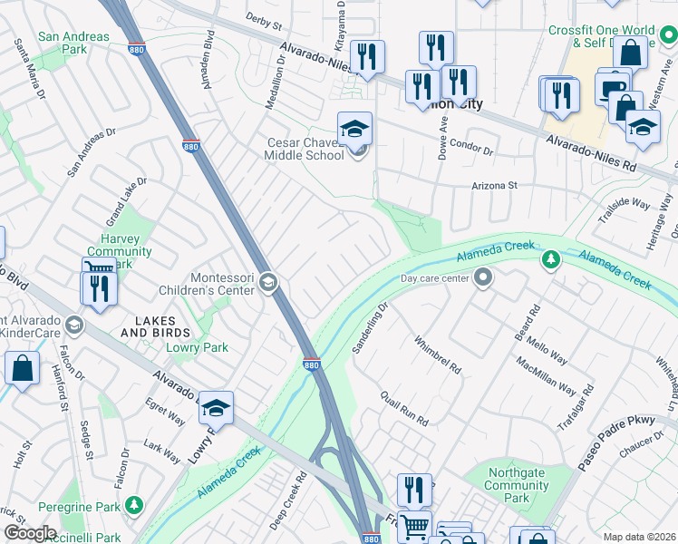 map of restaurants, bars, coffee shops, grocery stores, and more near 269 Oahu Circle in Union City
