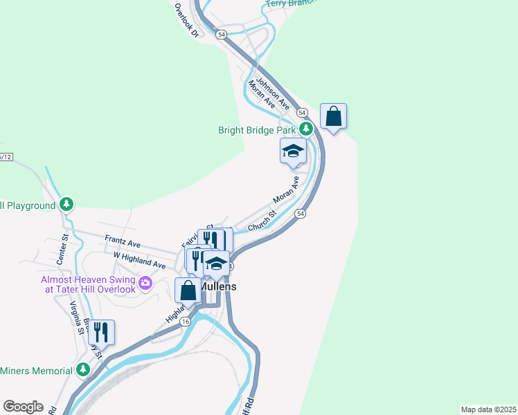 map of restaurants, bars, coffee shops, grocery stores, and more near 530 Moran Avenue in Mullens