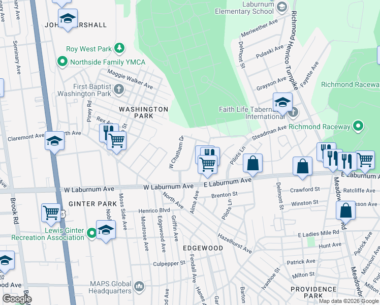 map of restaurants, bars, coffee shops, grocery stores, and more near 3914 East Chatham Drive in Richmond