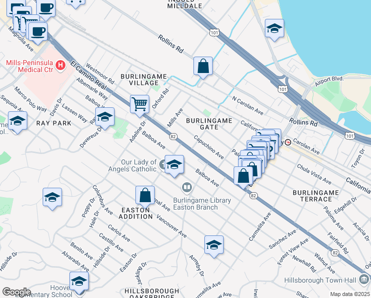 map of restaurants, bars, coffee shops, grocery stores, and more near 1345 California 82 in Burlingame