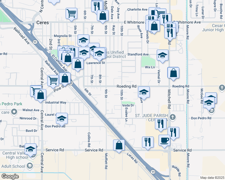 map of restaurants, bars, coffee shops, grocery stores, and more near 2630 Roeding Road in Ceres