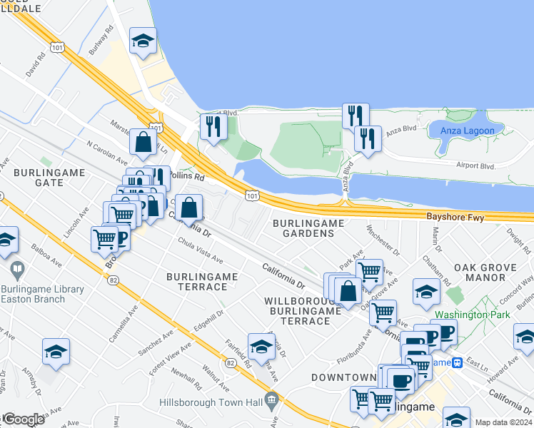 map of restaurants, bars, coffee shops, grocery stores, and more near 908 Toyon Drive in Burlingame
