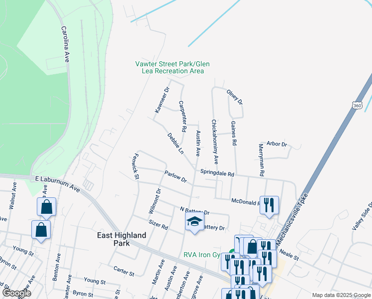 map of restaurants, bars, coffee shops, grocery stores, and more near 1802 Debbie Ln in Richmond