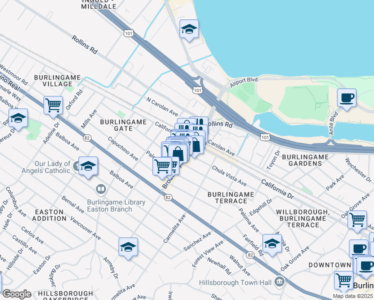 map of restaurants, bars, coffee shops, grocery stores, and more near 1134 Broadway in Burlingame