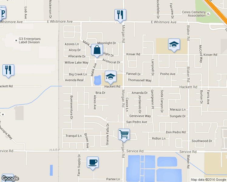 map of restaurants, bars, coffee shops, grocery stores, and more near 1206 Hackett Road in Ceres