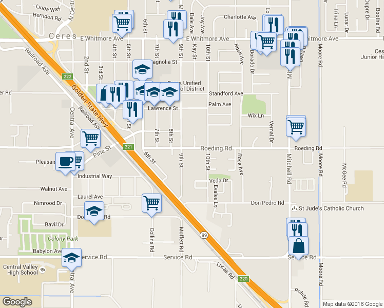 map of restaurants, bars, coffee shops, grocery stores, and more near 2630 Roeding Road in Ceres
