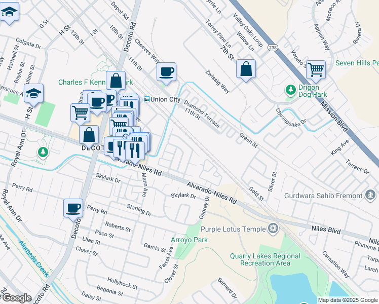 map of restaurants, bars, coffee shops, grocery stores, and more near 34902 Herringbone Court in Union City