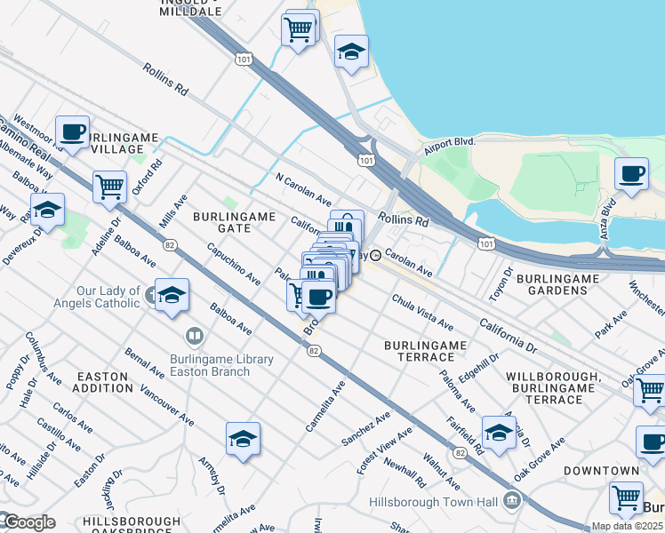 map of restaurants, bars, coffee shops, grocery stores, and more near 1228 Laguna Avenue in Burlingame
