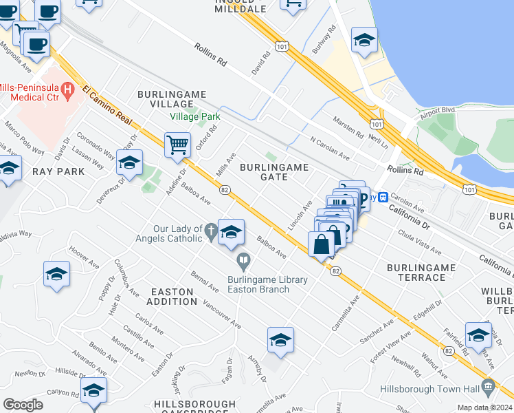 map of restaurants, bars, coffee shops, grocery stores, and more near 1341 Capuchino Avenue in Burlingame