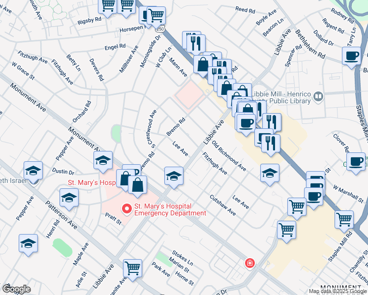map of restaurants, bars, coffee shops, grocery stores, and more near 5806 Lee Avenue in Richmond