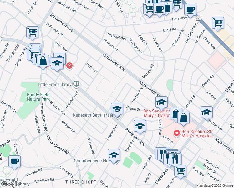 map of restaurants, bars, coffee shops, grocery stores, and more near 1002 Pine Ridge Road in Richmond
