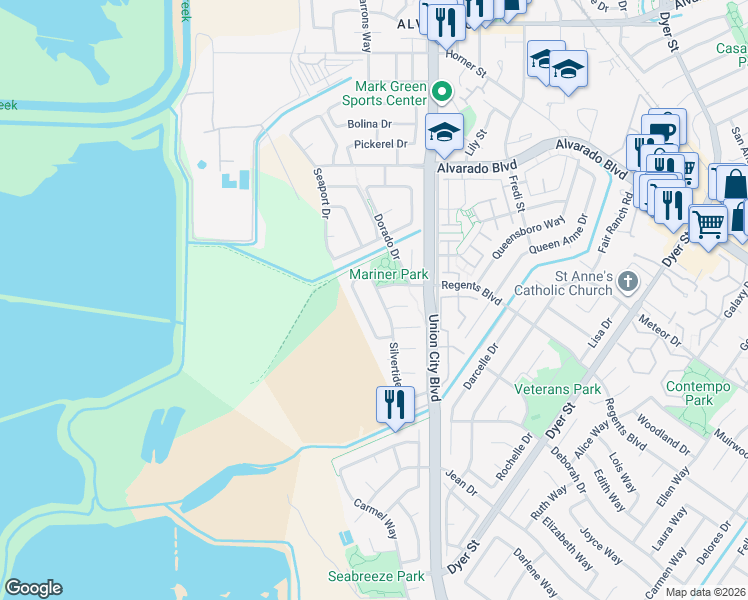 map of restaurants, bars, coffee shops, grocery stores, and more near 4637 Silvertide Drive in Union City