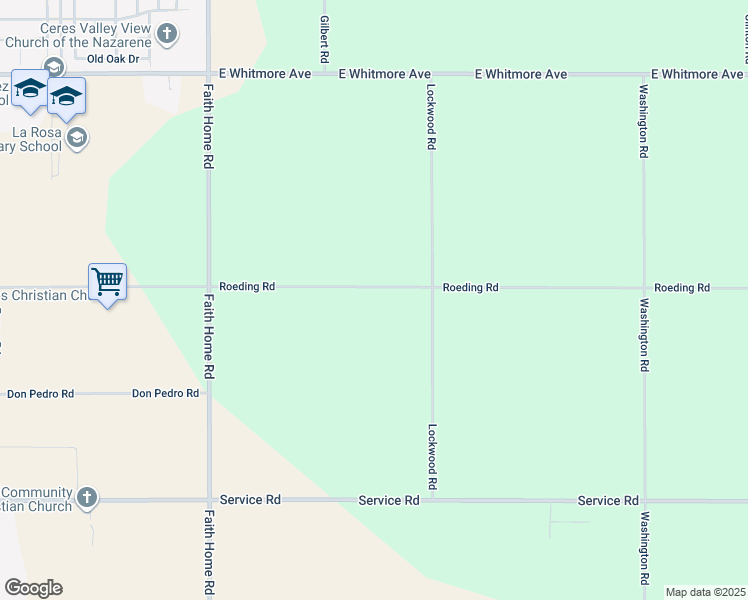 map of restaurants, bars, coffee shops, grocery stores, and more near 4418 Roeding Road in Ceres