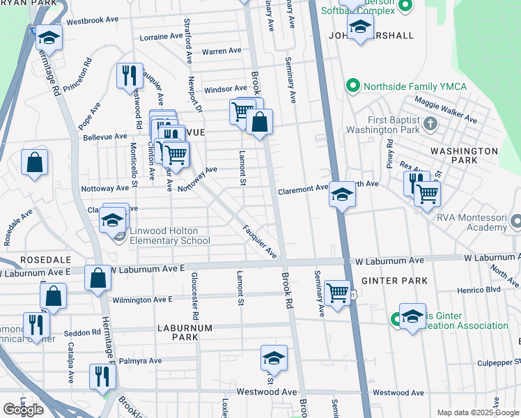 map of restaurants, bars, coffee shops, grocery stores, and more near 1207 Greycourt Avenue in Richmond