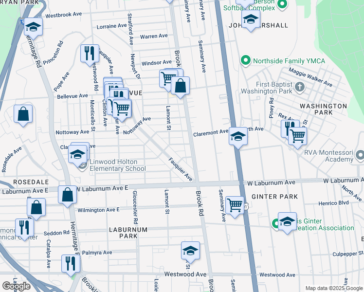 map of restaurants, bars, coffee shops, grocery stores, and more near 1205 Greycourt Avenue in Richmond